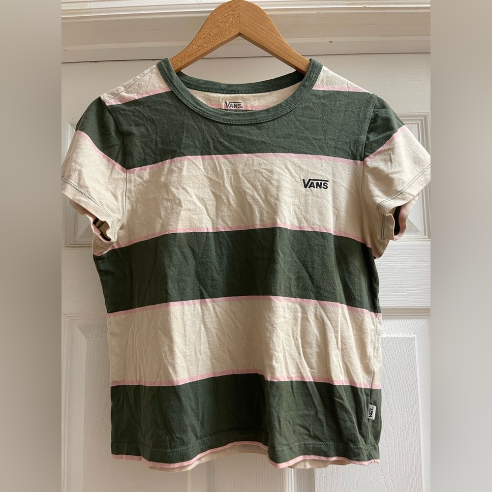 Vans Women's Green and Cream Striped Tee